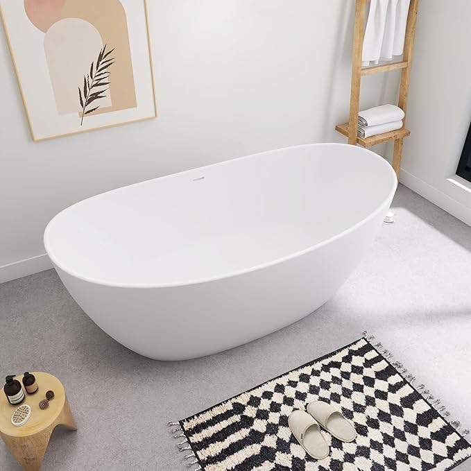 SJ STAR&JANE 65" Solid Surface Freestanding Bathtub Stone Resin Tub Oval Double Slippers Stand Alone Soaking Tub with Pop-up Drain and Overflow, Matte White