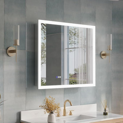 WELLFOR 36 x 32 Inch LED Medicine Cabinet with Lights, 3X Magnification Makeup Mirror, Bathroom Vanity Mirror Cabinet with Storage, Anti Fog, Surface or Recess Mount, Double Opening Door