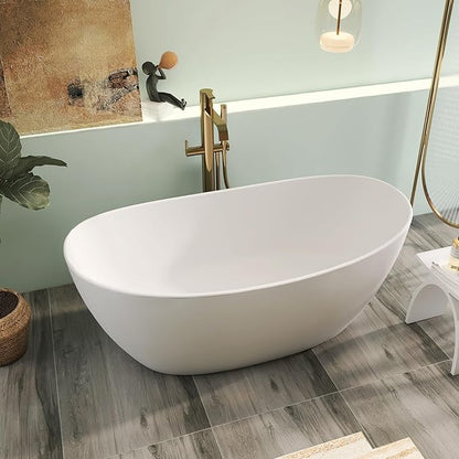 65" Premium Solid Surface Freestanding Bathtub, Contemporary Design Stand Alone Stone Resin Tub with Overflow and Pop-up Drain, Matte White