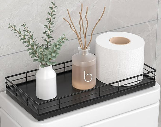 Toilet Paper Basket Organizer – Oak Wood Toilet Tank Tray with Metal Frame, Back of Tank or Top Bathroom Counter Storage – Black Modern Decor