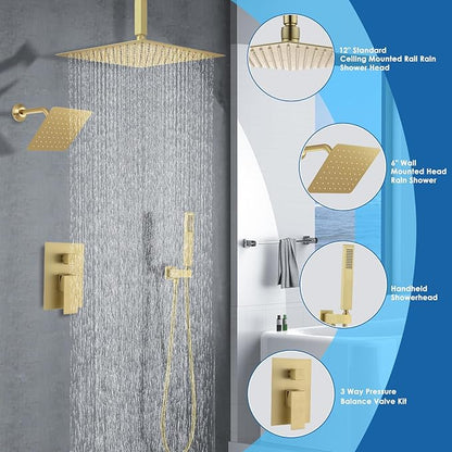 Shower System Dual Shower Heads with 12" Ceiling Mounted Rain Shower Head & 6" Wall Mounted Head Full Body Luxury Rain Shower System 3 Way Pressure Balance Valve Kit, Brushed Gold