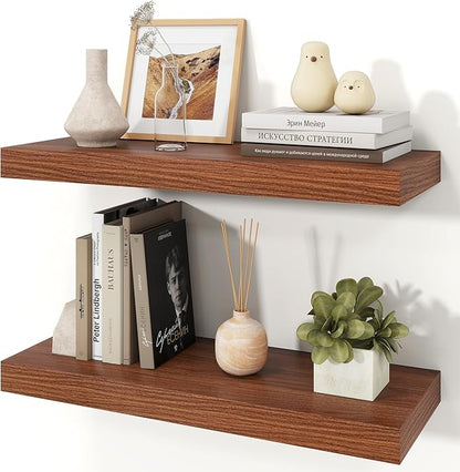 Floating Shelves for Wall, 9.3" Deep Wall Mounted Wood Shelves for Bathroom, Bedroom, Living Room, Kitchen, Hanging Shelf for Books/Storage/Room Decor (Walnut, 24")