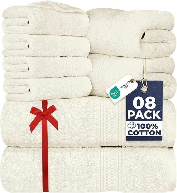 Utopia Towels 8 Piece Luxury Towel Set – Majestic Plush, Super Absorbent & Quicker-to-Dry, Thick 100% Ring Spun Cotton Towels for Bathroom, Spa & Hotel – 2 Bath, 2 Hand, 4 Washcloths, Ivory
