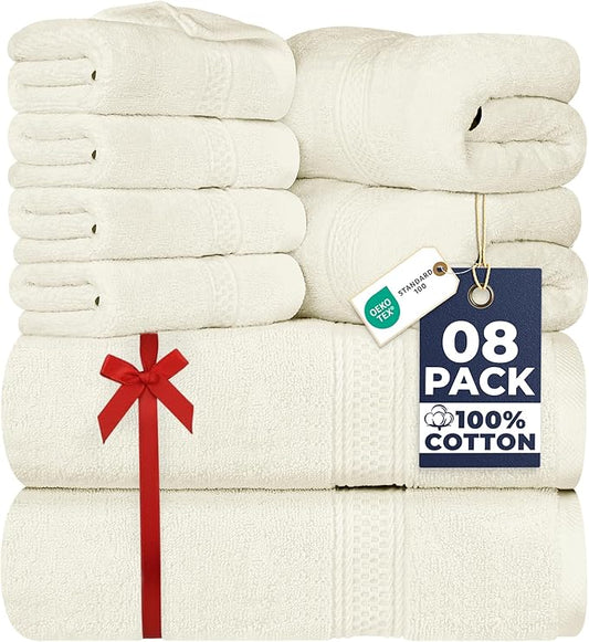 Utopia Towels 8 Piece Luxury Towel Set – Majestic Plush, Super Absorbent & Quicker-to-Dry, Thick 100% Ring Spun Cotton Towels for Bathroom, Spa & Hotel – 2 Bath, 2 Hand, 4 Washcloths, Ivory