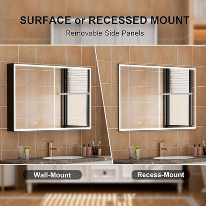 WELLFOR 48" X 30" LED Mirrored Medicine Cabinet, Medicine Cabinets with Lights for Bathroom, Defogging Function Mirror Cabinet, Bathroom Medicine Cabinet with USB Port & Outlet, Double Opening Doors