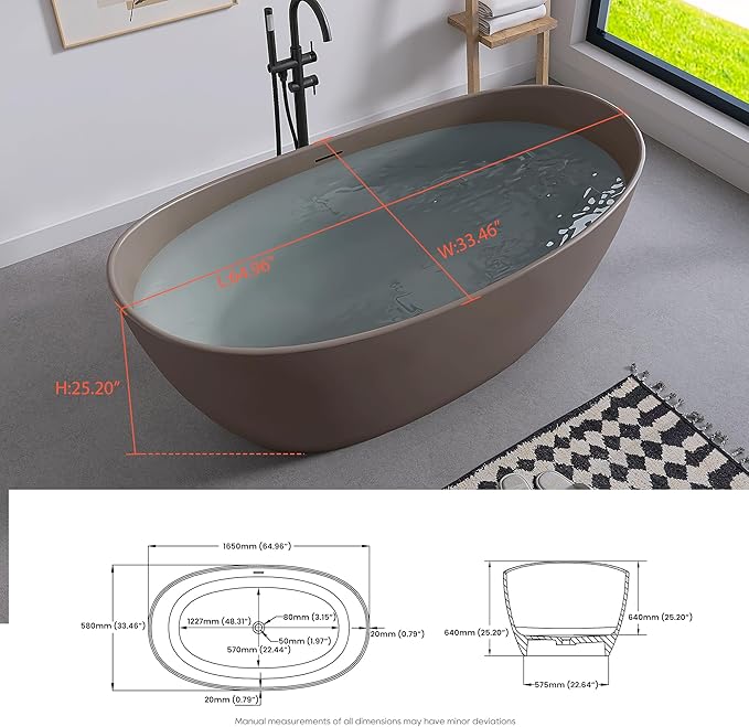 SJ STAR&JANE 65" Solid Surface Freestanding Bathtub Stone Resin Soaking Tub Gray Coffee Double Slippers Stand Alone Oval Tub with Pop-up Drain and Overflow for Bathroom