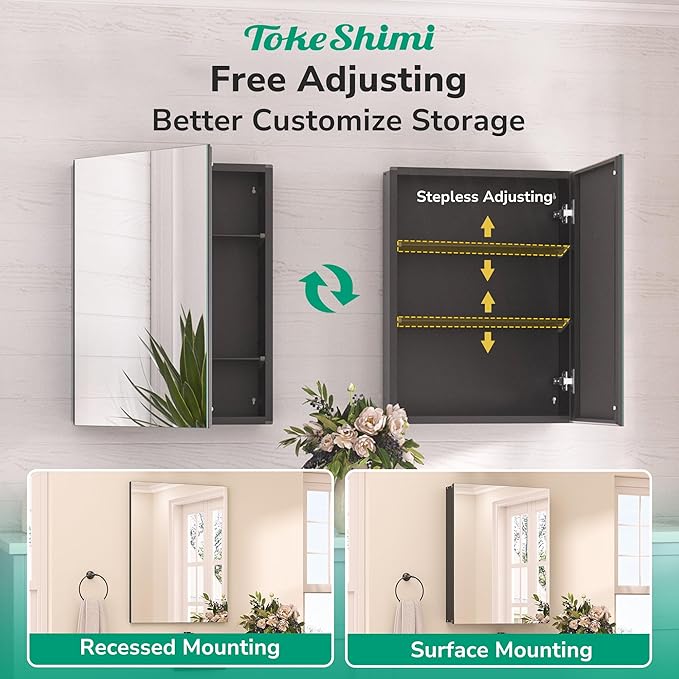 TokeShimi 20 x 32 Recessed Medicine Cabinet Mirror Surface Mount Aluminum, Tempered Frameless Bathroom Mirror with Storage Adjustable, Black Bathroom Wall Cabinet for Vanity Modern