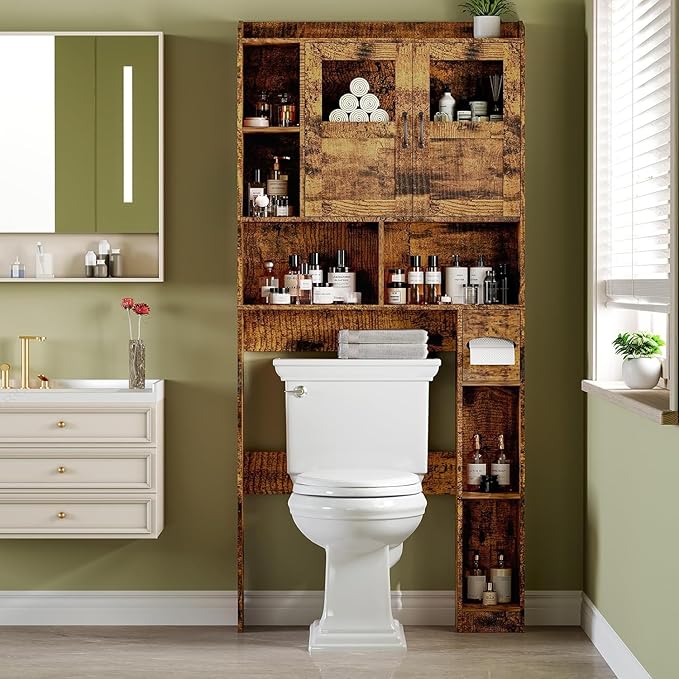 Over Toilet Storage Cabinet, 67 Inch Wall Mounted Tall Cabinet, Freestanding Bathroom Organizer Shelf for Bathroom, Brown