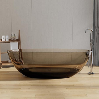 Stone Resin Freestanding Bathtub 71", Elegant Oval Shape Soaking Tub, Solid Surface Stand Alone Bathtub with Drain & Integrated Slotted Overflow Transparent Sepia AMFS303-1800 SEPIA