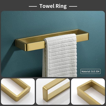 Bathroom Hardware Accessories Set Brushed Gold Towel Bar Set Square Bathroom Accessories Kit 4-Piece Towel Holder Set Stainless Steel Wall Mounted,23.6 Inch Towel Bar