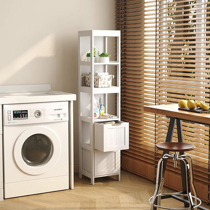HOMEFORT Bathroom Storage Cabinet, Slim Tall Cabinet, Narrow Floor Cabinet Organizer, Wooden Linen Tower with 2 Drawers and 3 Shelves, Freestanding Cupboard White
