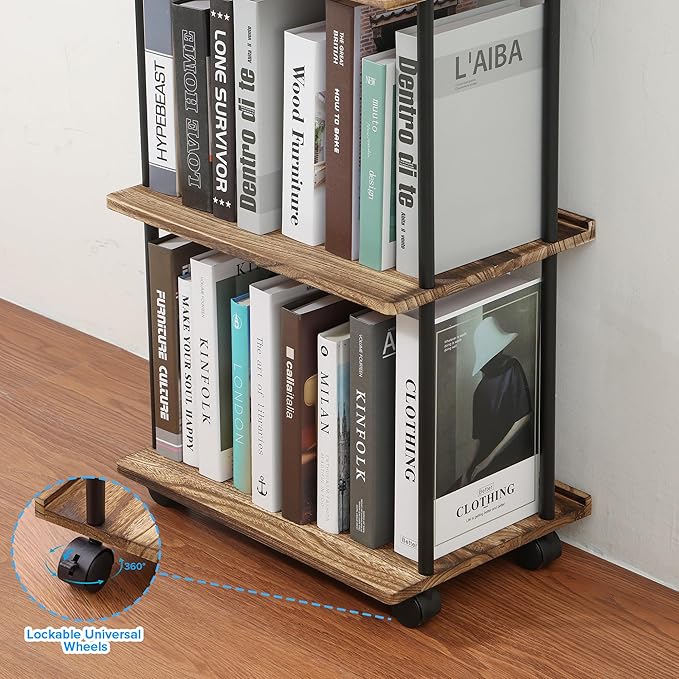 GETALL 5 Tier Bookshelf with Wheels, Tall Bookcase for Small Spaces, Solid Wood Narrow Shelf, Corner Book Shelf Storage Organizer for CDs, Movies, Movable Shelfing Unit for Bedroom, Living Room