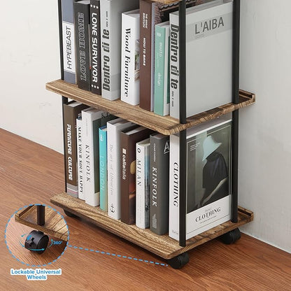 GETALL 5 Tier Bookshelf with Wheels, Tall Bookcase for Small Spaces, Solid Wood Narrow Shelf, Corner Book Shelf Storage Organizer for CDs, Movies, Movable Shelfing Unit for Bedroom, Living Room