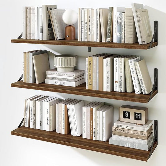 Fun Memories Floating Shelves for Wall, 36 Inches Long Set of 3 Wall Shelves for Bedroom, Floating Bookshelves with Metal Brackets for Living Room, Kitchen, Bedroom and Laundry Room (Walnut)