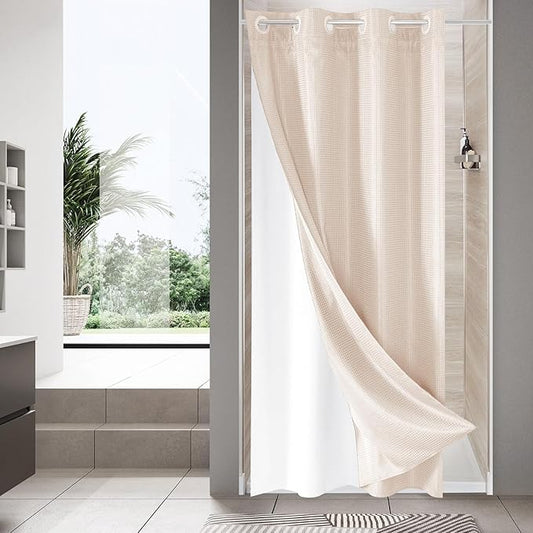 MitoVilla Pink Waffle Small Stall Shower Curtain Liner Set 36 x 74, No Hooks Required Half Size Narrow Fabric Cloth Shower Curtain Set with Snap-in Liner for Modern Bathroom Decor, Blush Pink