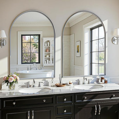 Arched Mirror 24"x36", Bathroom Mirror, Wall Mounted Vanity Mirror with Arch Metal Frame for Bathroom, Over Sink, Bedroom, Living Room, Deep Frame, Silver