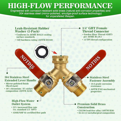 Hose Splitter 2 Way Heavy Duty Brass Garden Hose Splitter with 304 Stainless Steel Long Handle Outdoor Full Flow Hose Splitter Connector,Y Valve 3/4 Inch GHT Thread