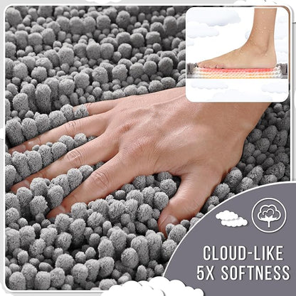 Yimobra Gray Bathroom Rugs Sets 2 Piece - Luxury Chenille Shaggy Bath Mat, Super Absorbent & Non Slip & Quick Dry, Soft Thick Bathroom Carpet for Tub Shower Floor, Machine Washable, 44x24+24x17 Inch