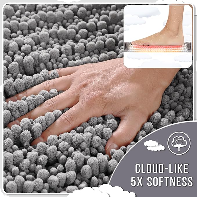 Yimobra Bathroom Rugs Sets 2 Piece - Quick Dry Extra Thick Luxury Chenille Bath Mat, Non Slip Super Absorbent for Tub Shower Sink, Machine Washable Shaggy Floor Mat, 32"x20"+24"x17" Inch, Grey