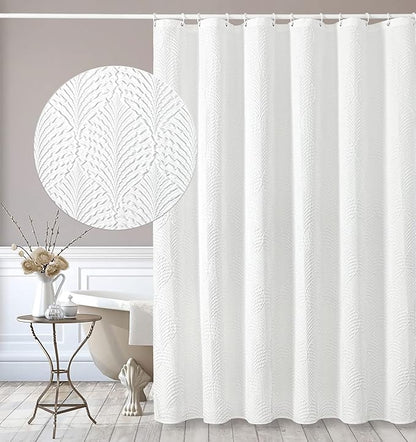 Gibelle Extra Long Shower Curtain 72 x 84, Tall 3D Embossed Textured White Fabric Shower Curtain, Modern Farmhouse Chic Soft Cloth Bathroom Curtains Shower Set with Hooks