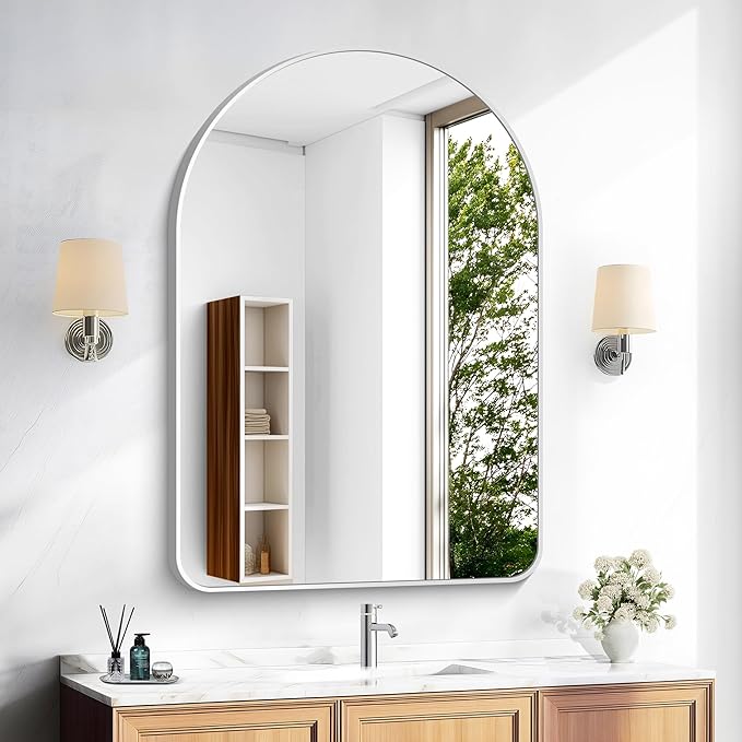 Arched Bathroom Mirror, 26"x38" Silver Arched Mirror for Bathroom, Wall Mounted Mirror, Silver Vanity Wall Mirror w/Metal Frame for Bedroom, Entryway, Living Room, Hanging or Leaning Against Wall