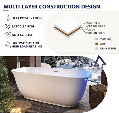 59" Acrylic Free Standing Tub, Stand Alone Tub, Freestanding Bathtub, Soaking Bathtub, cUPC Certified, PE(Glossy White)
