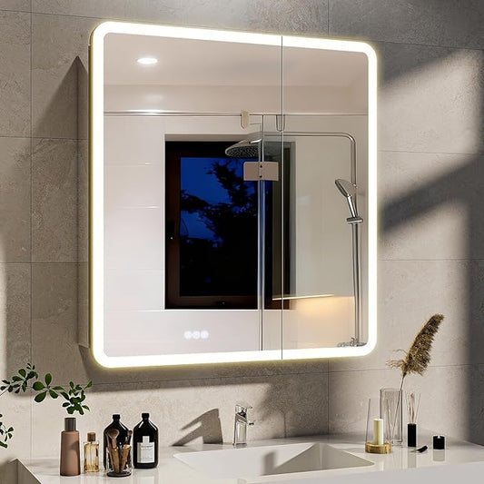 BEAUTYPEAK 30 x 32 LED Bathroom Medicine Cabinet Mirror, Adjustable Shelves, Silver Aluminum Cabinet, Anti-Fog Stepless Dimmable 3 Colors White/Natural/Warm, Easy to Install(Wall Mount/Recessed)