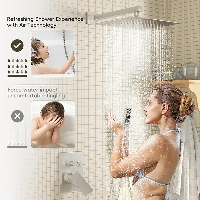 Brushed Nickel Shower System, Shower Faucet Set with 10-Inch Rain Shower Head and Handheld, Wall Mounted High-Pressure Shower Head Combo Set with Shower Valve and Shower Trim, Brushed Nickel