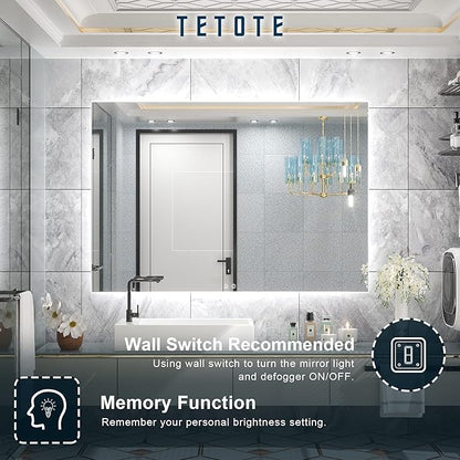 TETOTE 48 x 36 Inch LED Backlit Bathroom Mirror with Lights, LED Vanity Mirror, Frameless, Anti-Fog, Dimmable, CRI90+, Touch Button,Water Proof, Horizontal/Vertical Wall Mounted