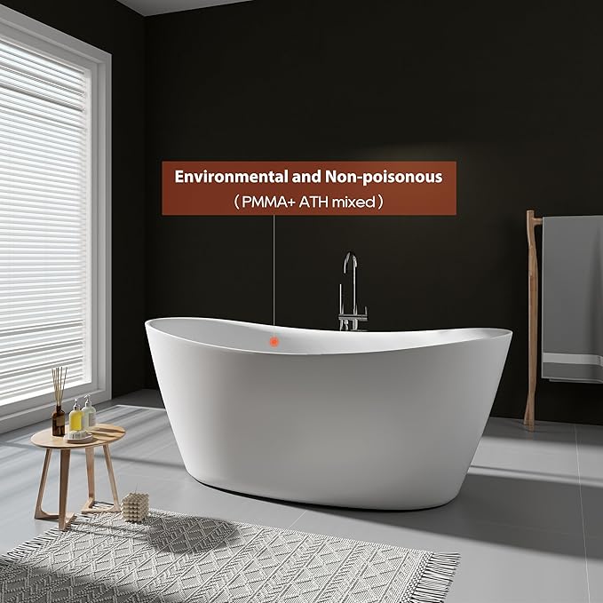 SJ STAR&JANE 65" Solid Surface Freestanding Bathtub Stone Resin Tub Oval Double Slippers Stand Alone Soaking Tub with Pop-up Drain and Overflow, Matte White