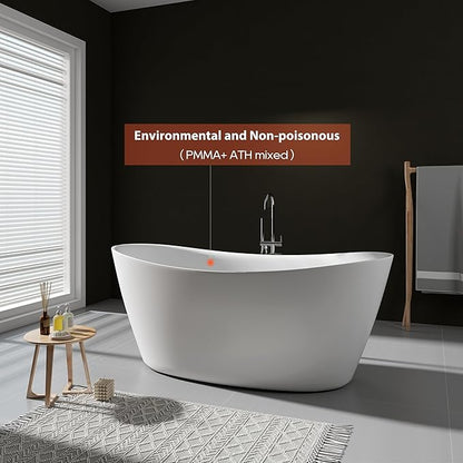 SJ STAR&JANE 65" Solid Surface Freestanding Bathtub Stone Resin Tub Oval Double Slippers Stand Alone Soaking Tub with Pop-up Drain and Overflow, Matte White