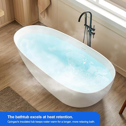 Cpingao 63" Stone Resin Freestanding Bathtub, Oval Solid Surface Contemporary Soaking Tub, Matte White Flatbottom Tubs with Overflow and Pop-up Drain, cUPC Certified 8848-1600