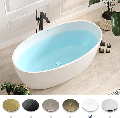 FerdY Tahiti 59" Acrylic Freestanding Bathtub, Elegant Oval Shape Bathtub, Glossy White, Polished White Drain & Integrated Slotted Overflow Assembly Included cUPC Certified