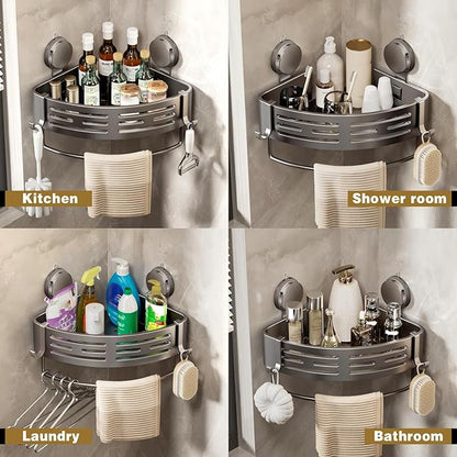 VOLPONE Corner Shower Caddy Suction Cup Shower Shelf Corner No Drilling Bathroom Shower Organizer Storage Rack Adhesive with Towel Bar Hooks (2-Pack, Matte Gray)