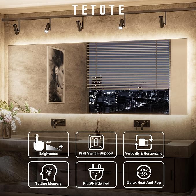 TETOTE 60 x 36 Inch LED Backlit Bathroom Mirror with Lights, 3Color White/Warm/Natural, Anti-Fog Lighted Mirror,Dimmable,Vanity Mirror,Wall Mounted