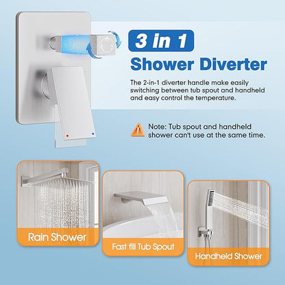 Shower System with Tub Spout, All Metal Tub Shower Faucet Set with 12-Inch Rain Shower Head and Handheld Spray combo, Wall Mounted Shower Combo Set with shower valve and Trim kit,Brushed Nickel