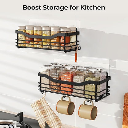 Orimade Adhesive Shower Caddy Shelf with 5 Hooks Organizer Storage Rack Rustproof Wall Mounted Stainless Steel No Drilling for Bathroom, Toilet, Kitchen - 2 Pack,Black