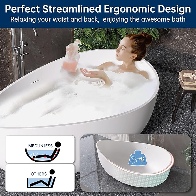 Stone Resin Freestanding Bathtub 71", Elegant Oval Shape Soaking Tub, Solid Surface Stand Alone Bathtub with Drain & Integrated Slotted Overflow Matte White AMMG015-1800