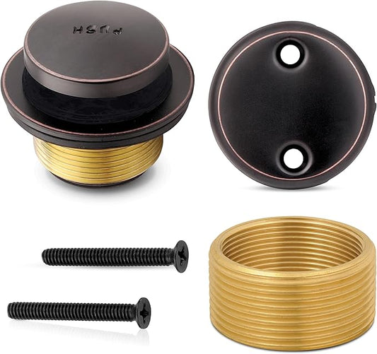 Tip-Toe Bathtub Drain Trim Kit with Two-Hole Overflow Faceplate – All Brass Tub Drain Stopper Replacement – Fits Fine or Coarse Thread Drain Shoe – Universal Tub Drain Assembly