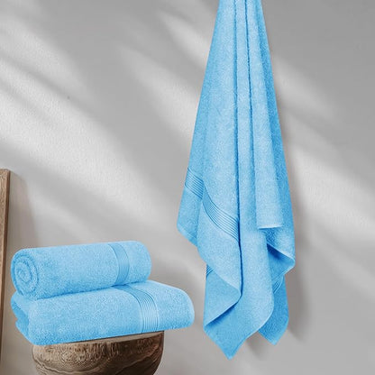 BELZZI Home Ultra Soft 4 Pack Oversized Bath Towel Set 27x54, Cotton Compact Bath Towels, Highly Absorbant Eco-Friendly Quickdry & Lightweight Towel, Ideal for Gym Travel Camp Pool - Sky Blue