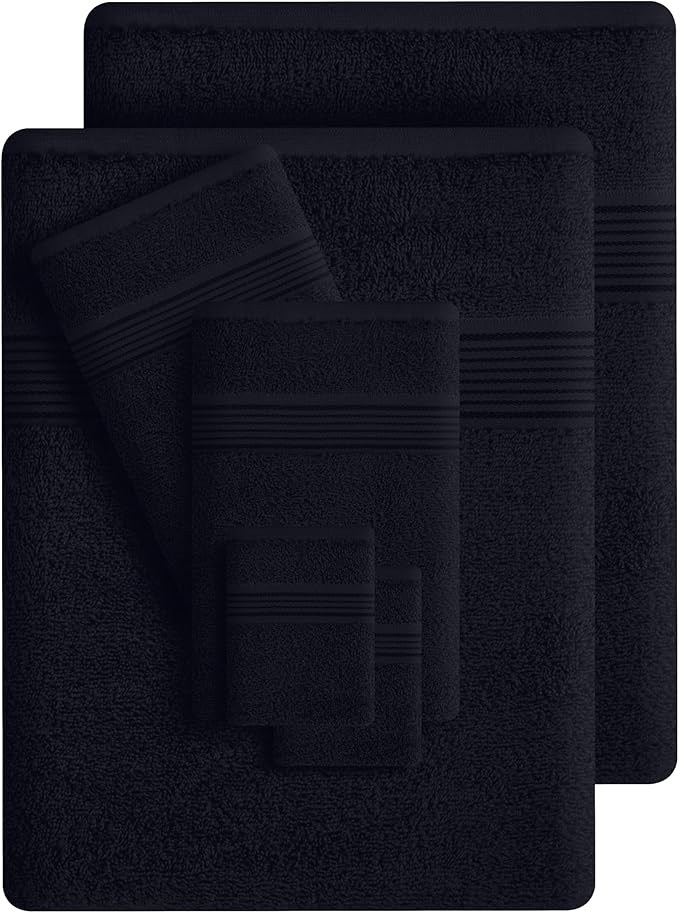 Belizzi Home 100% Cotton Towel Set, Contains 6 Soft Bath Towel, 6 Hand Towels, 12 Wash Cloths - Compact Absorbent Lightweight & Quickdry Towels for Bathroom - 24 Piece Bathroom Towel Set - Black