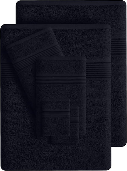 Belizzi Home 100% Cotton Towel Set, Contains 6 Soft Bath Towel, 6 Hand Towels, 12 Wash Cloths - Compact Absorbent Lightweight & Quickdry Towels for Bathroom - 24 Piece Bathroom Towel Set - Black
