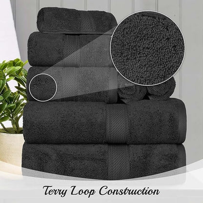Superior Egyptian Cotton Pile 10 Piece Towel Set, Includes 2 Bath, 4 Hand, 4 Face Towels/Washcloths, Ultra Soft Luxury Towels, Thick Plush Essentials, Guest Bath, Spa, Hotel Bathroom, Black