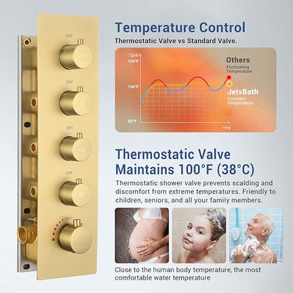 Thermostatic Dual Shower System with 4-Inch Body Jets, Ceiling 16" Rainfall Shower & Wall Mount 6-Inch Shower Head, Brushed Gold Luxury Shower Faucet Set with Handheld Sprayer