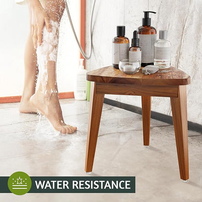 12.4“ Tall Small Teak Shower Stool for Shaving, Waterproof Corner Foot Rest with Storage Basket, Space-Saving Design for Compact Showers