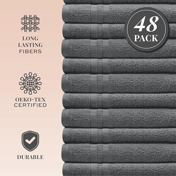 Wealuxe Dark Gray Washcloths 48 Pack - 600 GSM 100% Ring-Spun Cotton Wash Cloths for Showering, Highly Absorbent and Soft | 12x12 Inches