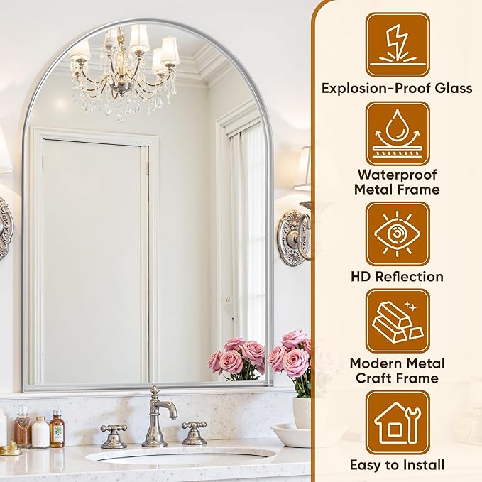 Arched Mirror 26"x38", Bathroom Mirror, Wall Mounted Vanity Mirror with Arch Metal Frame for Bathroom, Over Sink, Bedroom, Living Room, Deep Frame, Silver