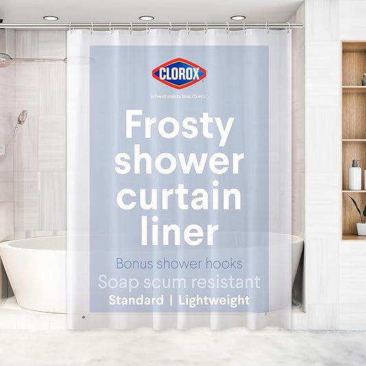 CLOROX Shower Curtain Liner & Hooks, Premium Lightweight Flexible Waterproof 4g PEVA for Bathroom with Weighted Magnets, Standard Size 70" x 72", Frosty 1 Pack