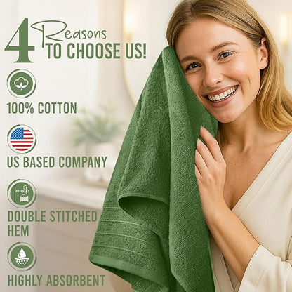 DAN River Extra Large Bath Towels Set of 4, 30 x 60 Inches - 100% Cotton Larger & Lighter Weight Towels for Bathroom - Quicker to Dry, Super Soft & Highly Absorbent Towels for Home, Sage Green
