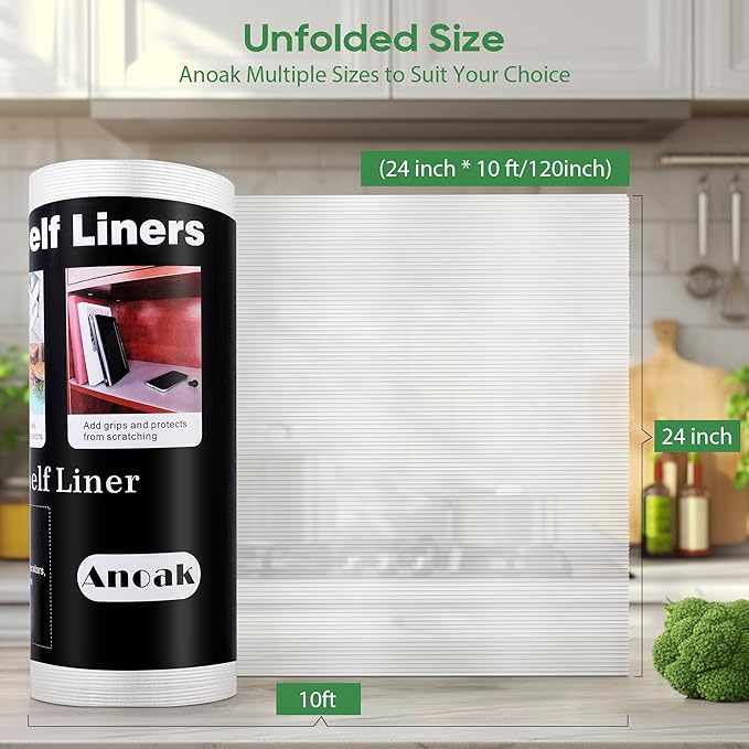 Anoak Shelf Liner - Non-Slip Cabinet Liner, 24 Inch x 10 FT(120 Inch) Durable Waterproof Washable Oil-Proof for Kitchen Cabinet, Shelves, Refrigerator, Storage, Desks, Non Adhesive